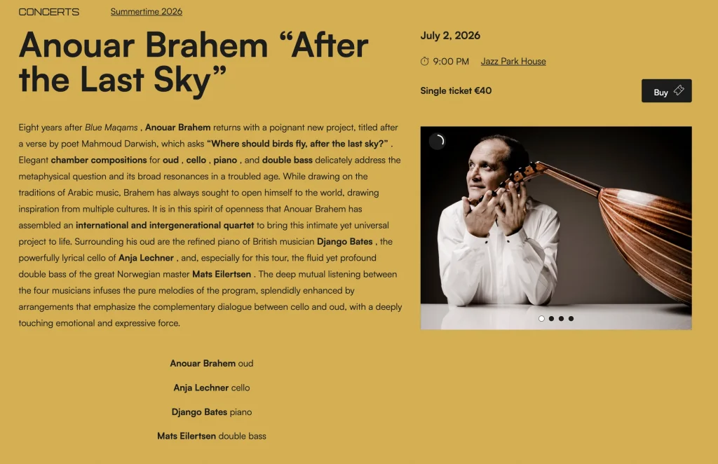 Screengrab of webpage advertising the concert at Casa Del Jazz on 2nd July 2026