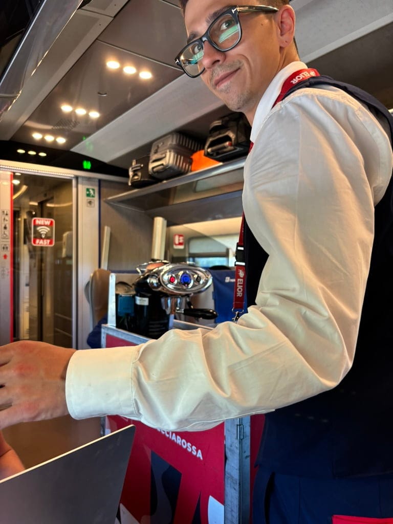 iIalian train serves espresso with a smile